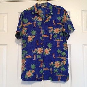 RIMA Small Shirt Hawaiian Aloha Blue Green 38" Waist Button Palm Tree Floral
